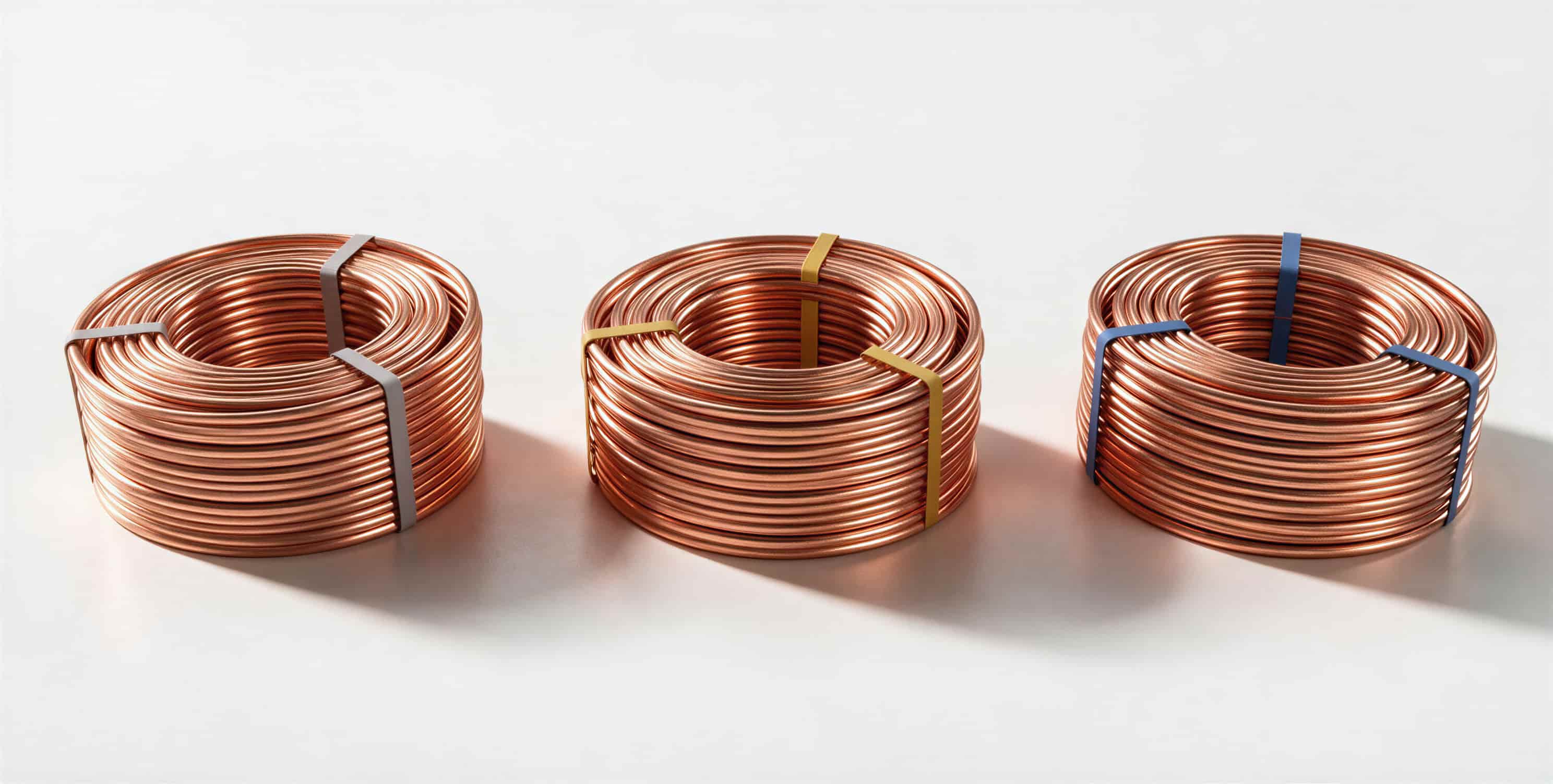 Three coils of alloy rod with silver, gold and blue straps for CuAg0.10, CuSn0.30 and CuMg0.5