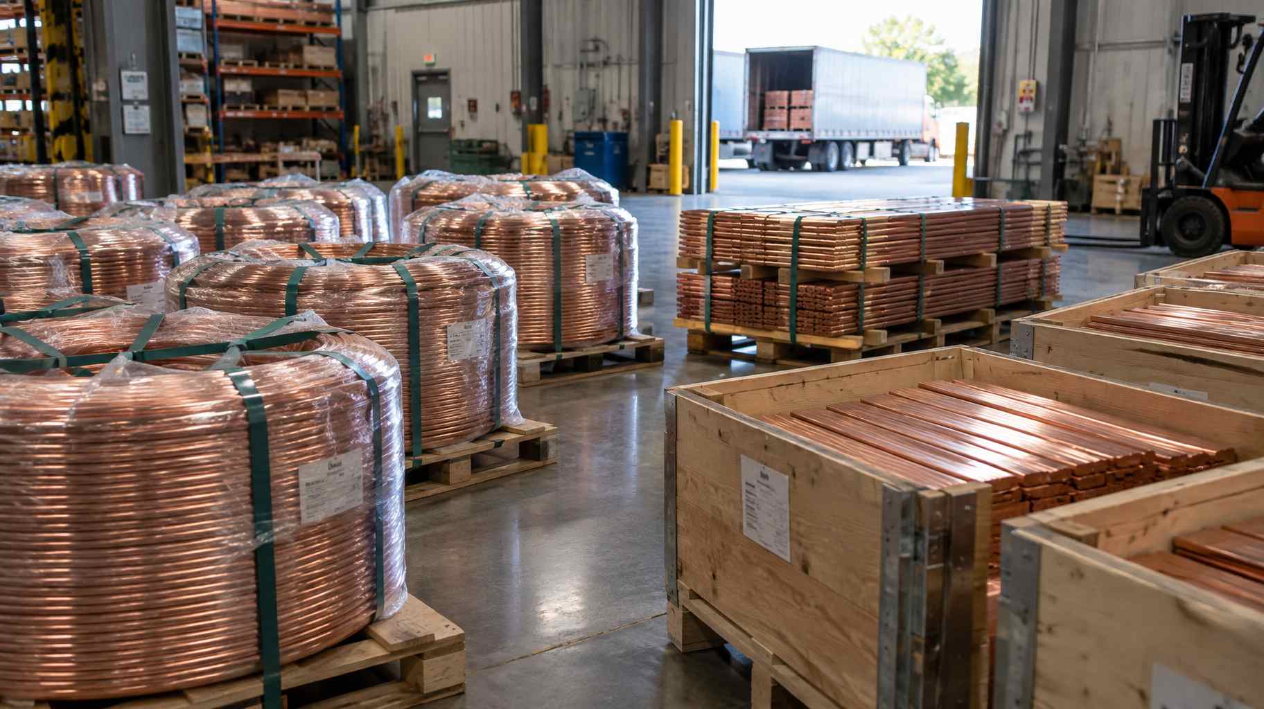 Copper rod coils and busbar packed and ready for shipment