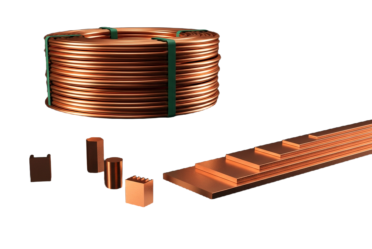 Rearden copper products for distributors: a coil of oxygen-free rod, custom profiles and stacked busbar